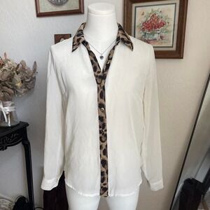 Leopard Animal Print Trim Sheer‎ Button-Up Blouse